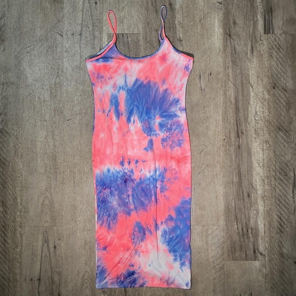 Capella Pink Blue Tie Dye Mini Dress Tank Ribbed Stretch Size L